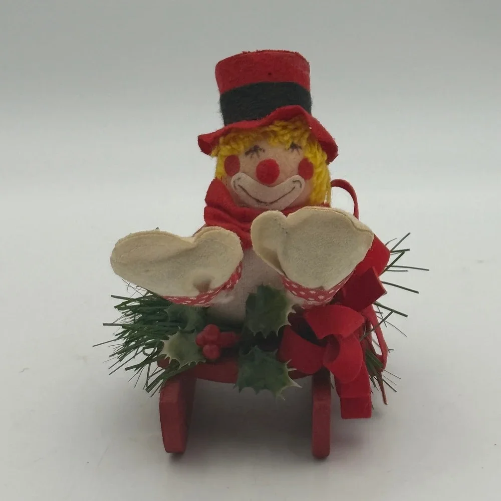 Vintage Christmas Clown on Red Wooden Sled Figurine Festive Holiday Decor 5 inch
